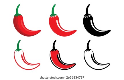 Pimenta picante ícones de pimenta quente. Comida e molho picante asiático e mexicano, contorno vermelho e preto pimentas chili modelo vetor