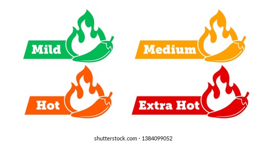 Spicy Chili Hot Pepper Level Labels. Vector Spicy Food Green Mild, Medium And Red Extra Hot, Jalapeno Pepper Fire Flame, Sauce Package Icons