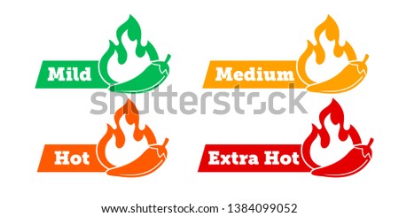 Spicy chili hot pepper level labels. Vector spicy food green mild, medium and red extra hot, jalapeno pepper fire flame, sauce package icons