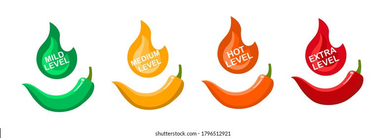 Spicy chili hot pepper logo template illustration.  package level labels, mild, medium and extra hot red pepper fire flame