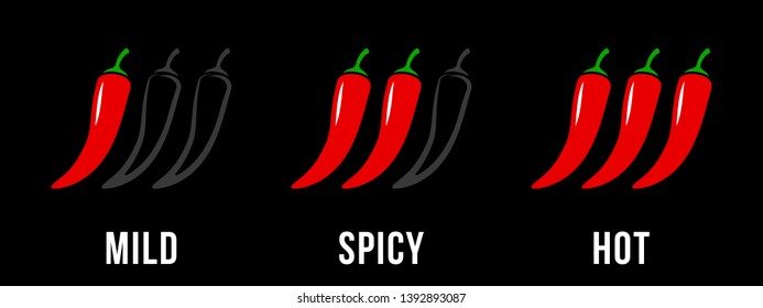 Spicy chili hot pepper, mild and extra hot level labels. Vector Asian spicy food and Mexican sauce chili pepper outline icons