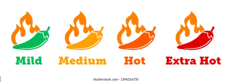 Spicy chili hot pepper vector icons. Spicy Mexican fast food menu or package level labels, mild, medium and extra hot red pepper fire flame