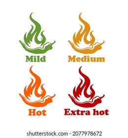 Spicy chili hot pepper vector icons. Spicy Mexican fast food menu or package level labels, mild, medium and extra hot red pepper fire flame