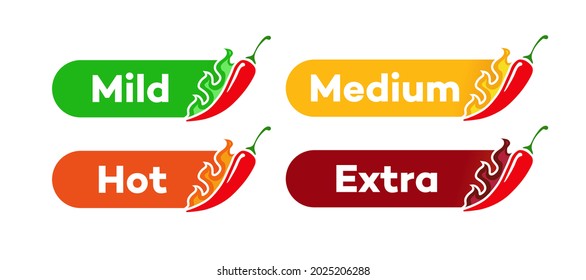 Spicy chili level vector label - mild, medum, hot, extra isolated on background. Pepper sauce with fire flame. Illustration 10 eps