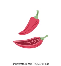 Spicy chili pepper composition. Mexican red hot chilli, whole vegetable and its cut half. Cayenne veggie. Natural seasoning and spice. Flat vector illustration isolated on white background