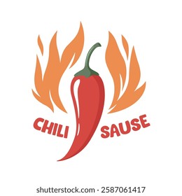 Spicy Chili Pepper With Flames Hot Sauce Logo. Fiery Chili Pepper Illustration For Spicy Food Branding. Chili Pepper Vector Art with Fire for Hot Sauce Label, Icon For Mexican Cuisine