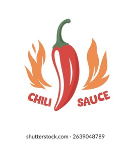 Spicy Chili Pepper With Flames Hot Sauce Logo. Fiery Chili Pepper Illustration For Spicy Food Branding. Chili Pepper Vector Art with Fire for Hot Sauce Label, Icon For Mexican Cuisine