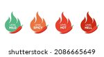 Spicy chili pepper hot fire flame icons. Vector spicy food level icons, mild, spicy, hot, hell pepper sauce fire flame. Vector design