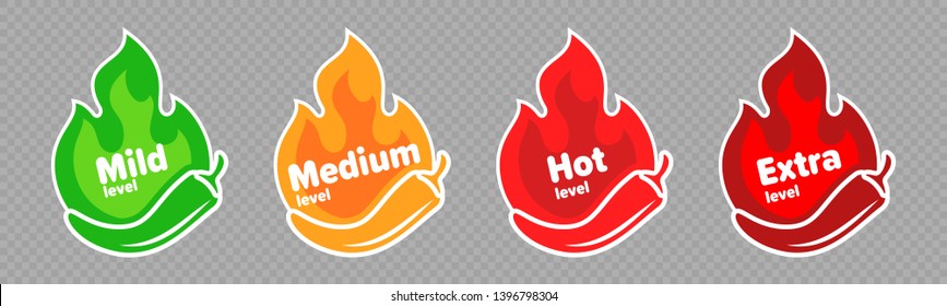 Spicy chili pepper hot fire flame icons. Vector spicy food level icons, mild, medium and extra hot pepper sauce fire flame