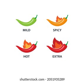 Spicy chili pepper hot fire labels. Spicy food level icons, mild, medium and extra hot.