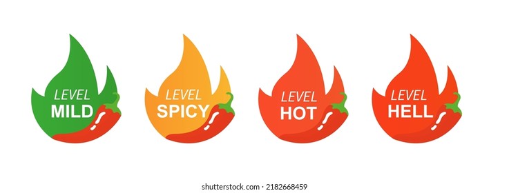 Picante pimienta picante fuego de los íconos. Iconos de nivel de comida picante vectorial, suave, picante, caliente, salsa de pimienta del infierno llama fuego. Ilustración del vector