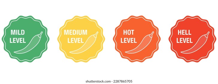 Spicy chili pepper hot fire flame icons. Vector spicy food level icons, mild, medium, hot, hell pepper sauce fire flame. Vector illustration