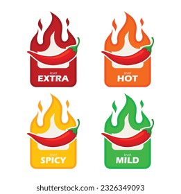 Spicy chili pepper hot fire flame icons. Extra, hot, spciy, mild spiciness level. vector spicy food level icons