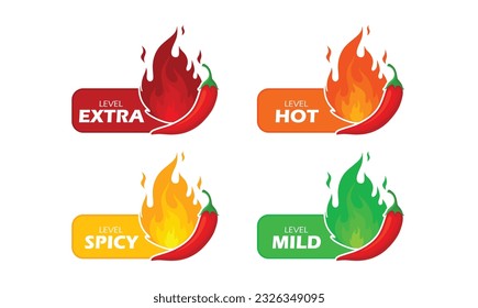 Spicy chili pepper hot fire flame icons. Extra, hot, spciy, mild spiciness level. vector spicy food level icons