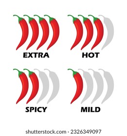 Picante pimienta picante fuego de los íconos. Extra, caliente, picante, suave nivel de especias. iconos vectoriales de nivel de alimento picante