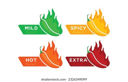 Spicy chili pepper hot fire flame icons. Extra, hot, spciy, mild spiciness level. vector spicy food level icons