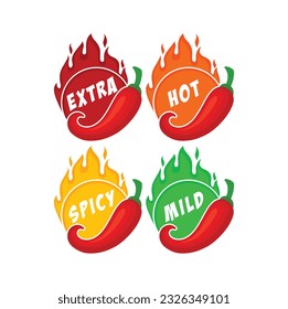 Spicy chili pepper hot fire flame icons. Extra, hot, spciy, mild spiciness level. vector spicy food level icons