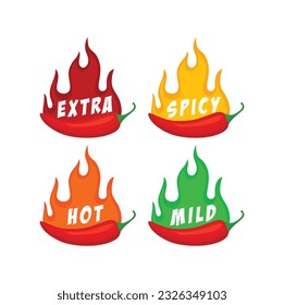 Spicy chili pepper hot fire flame icons. Extra, hot, spciy, mild spiciness level. vector spicy food level icons