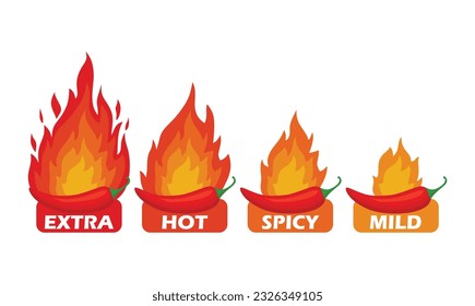 Spicy chili pepper hot fire flame icons. Extra, hot, spciy, mild spiciness level. vector spicy food level icons