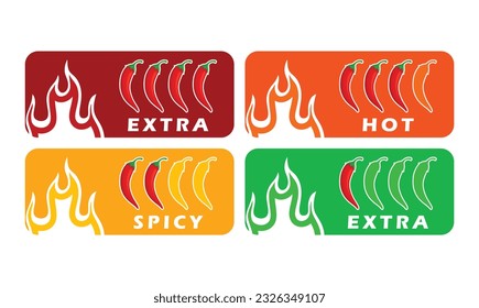 Spicy chili pepper hot fire flame icons. Extra, hot, spciy, mild spiciness level. vector spicy food level icons