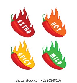 Spicy chili pepper hot fire flame icons. Extra, hot, spciy, mild spiciness level. vector spicy food level icons