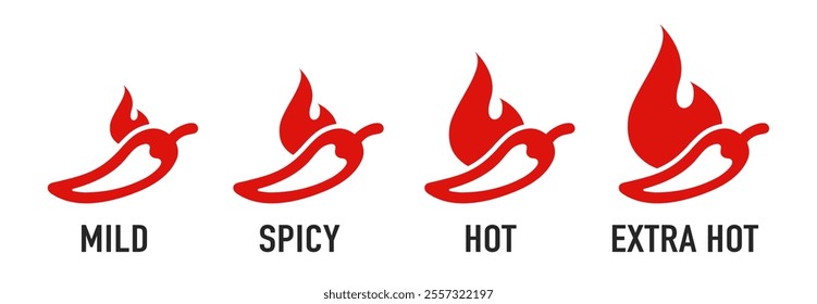 Spicy chili pepper hot fire flame icons. Spice level marks: mild, spicy, hot and extra hot. Fire Chili logo symbol. Spice food symbol icon