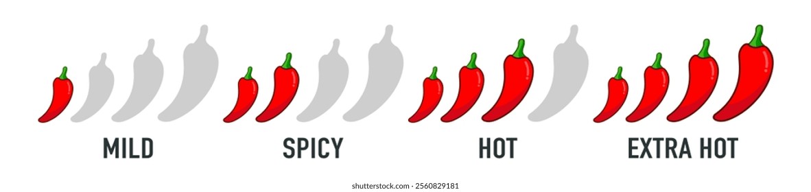 Spicy chili pepper hot fire flame icons. Spice level marks: mild, spicy, hot and extra hot. Fire Chili logo symbol. Spice food symbol icon