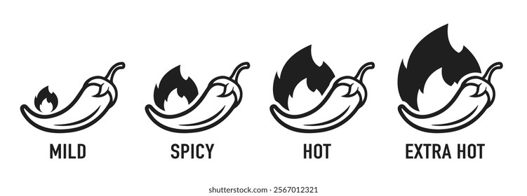 Spicy chili pepper hot fire flame icons. Spice level marks: mild, spicy, hot and extra hot. Fire Chili logo symbol. Spice food symbol icon