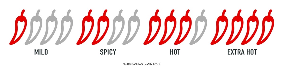 Spicy chili pepper hot fire flame icons. Spice level marks: mild, spicy, hot and extra hot. Fire Chili logo symbol. Spice food symbol icon