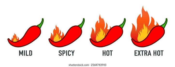 Spicy chili pepper hot fire flame icons. Spice level marks: mild, spicy, hot and extra hot. Fire Chili logo symbol. Spice food symbol icon