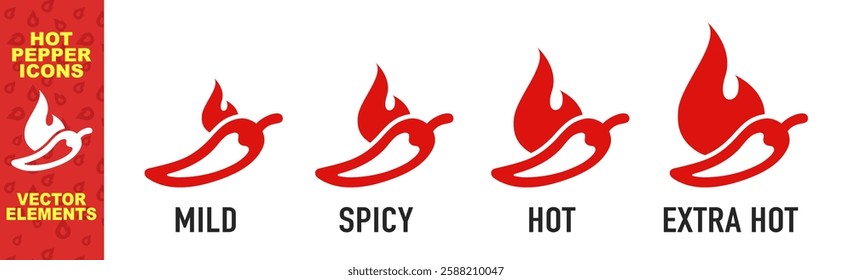 Spicy chili pepper hot fire flame icons. Spice level marks: mild, spicy, hot and extra hot. Fire Chili logo symbol. Spice food symbol icon