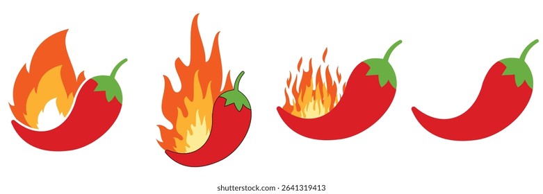 Spicy Chili Pepper Icons Set – Mild to Extra Hot Heat Level Badges with Fire Flame Symbols