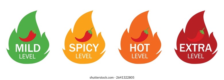 Spicy Chili Pepper Icons Set – Mild to Extra Hot Heat Level Badges with Fire Flame Symbols