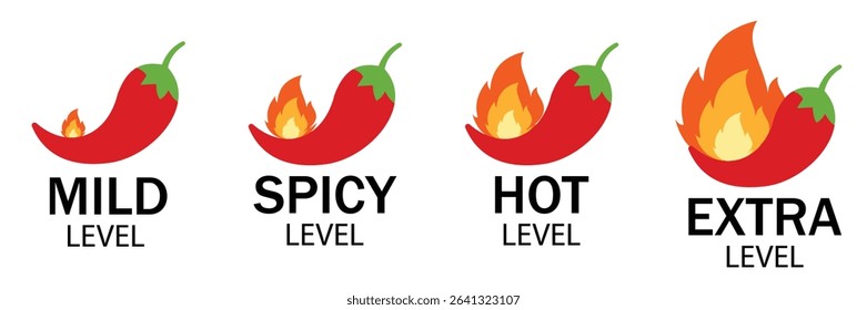 Spicy Chili Pepper Icons Set – Mild to Extra Hot Heat Level Badges with Fire Flame Symbols