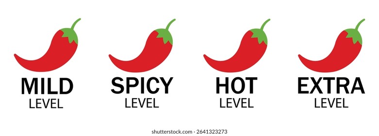 Spicy Chili Pepper Icons Set – Mild to Extra Hot Heat Level Badges with Fire Flame Symbols