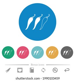 Spicy chili pepper level flat white icons on round color backgrounds. 6 bonus icons included.