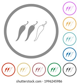 Spicy chili pepper level flat color icons in round outlines on white background