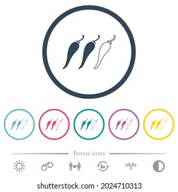 Spicy chili pepper level flat color icons in round outlines. 6 bonus icons included.