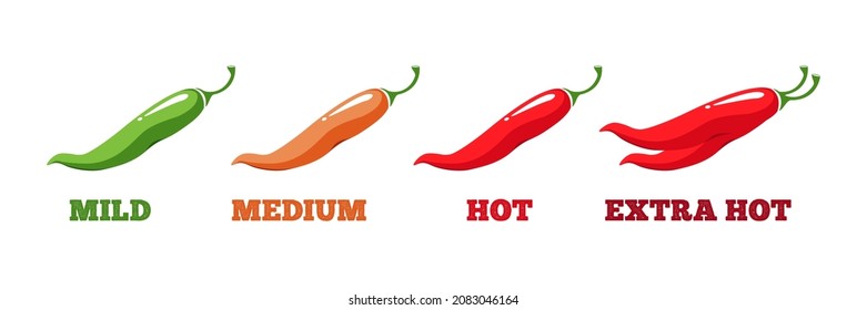 Spicy chili pepper level icon, logo, symbol isolated on white background. Mild, medium, hot and extra hot sauce. Vector illustration