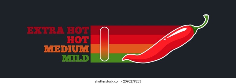 Spicy chili pepper level icon, logo, symbol isolated on black background. Mild, medium, hot and extra hot sauce. Vector illustration