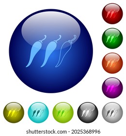 Spicy chili pepper level icons on round glass buttons in multiple colors. Arranged layer structure