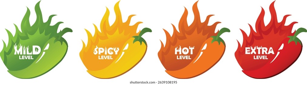 Spicy chili pepper level indicator. Spicy food level labels mild, medium or hot sauce. Hot pepper scale with fire. Vector illustration.
