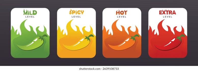 Spicy chili pepper level indicator. Spicy food level labels mild, medium or hot sauce. Hot pepper scale with fire. Vector illustration.