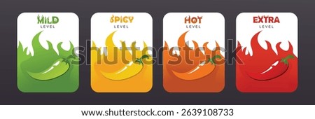 Spicy chili pepper level indicator. Spicy food level labels mild, medium or hot sauce. Hot pepper scale with fire. Vector illustration.