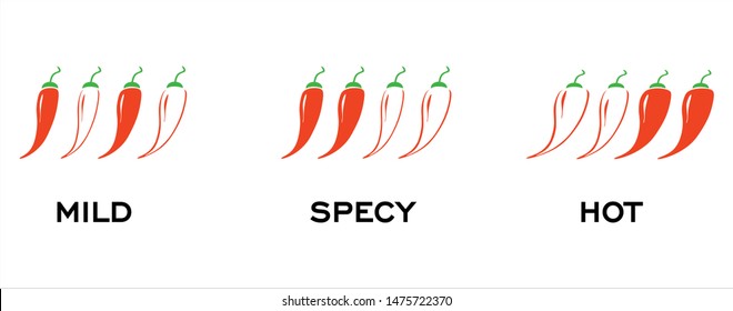 Spicy chili pepper level labels. Vector spicy food mild and extra hot sauce, chili pepper red outline icons 