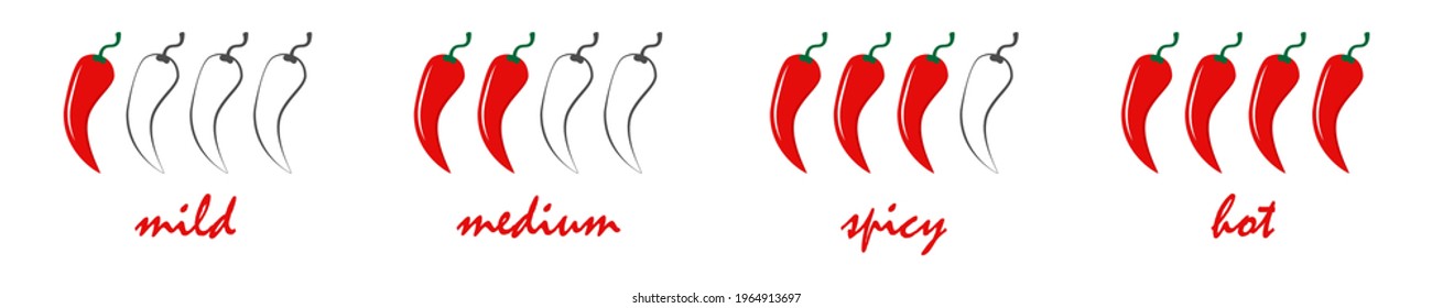 Spicy chili pepper level labels. Vector spicy food mild, medium and extra hot sauce, chili pepper red outline icons for your design. EPS10.