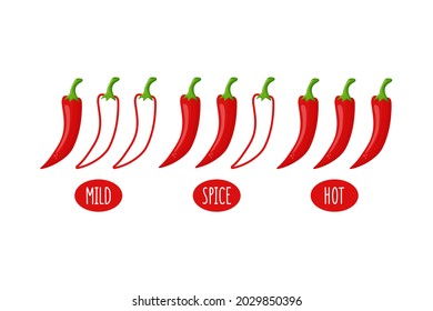 Spicy chili pepper level labels. Vector spicy food mild and extra hot sauce, chili pepper red outline icons