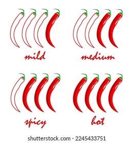 Spicy chili pepper level labels. Vector spicy food mild and extra hot sauce, chili pepper red outline icons for your design. EPS10.