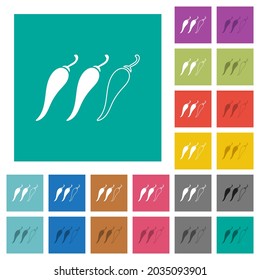 Spicy chili pepper level multi colored flat icons on plain square backgrounds. Included white and darker icon variations for hover or active effects.