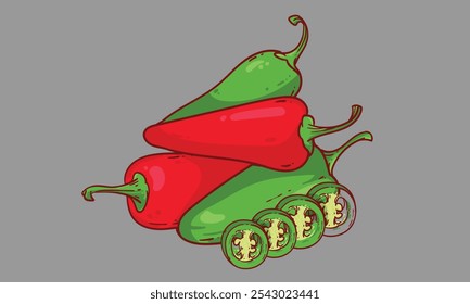  Spicy Chili Pepper. Red Hot Chili. Vector Illustration. Fresh, spicy graphic print design  Spicy vegetable. Vector set.
